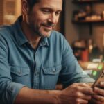man in a denim shirt smiling while looking at a smartphone with digital message bubbles and green checkmarks