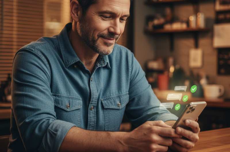 man in a denim shirt smiling while looking at a smartphone with digital message bubbles and green checkmarks