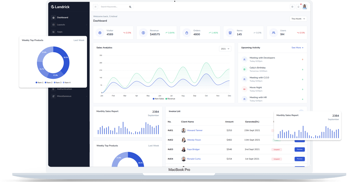 Landrick SaaS dashboard on a MacBook Pro featuring sales analytics line charts, revenue widgets, and invoice lists.