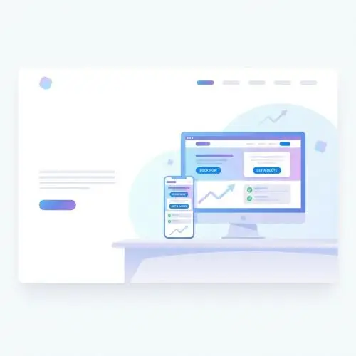 Minimalist SaaS website mockup showing a desktop monitor and smartphone displaying business growth charts and UI buttons
