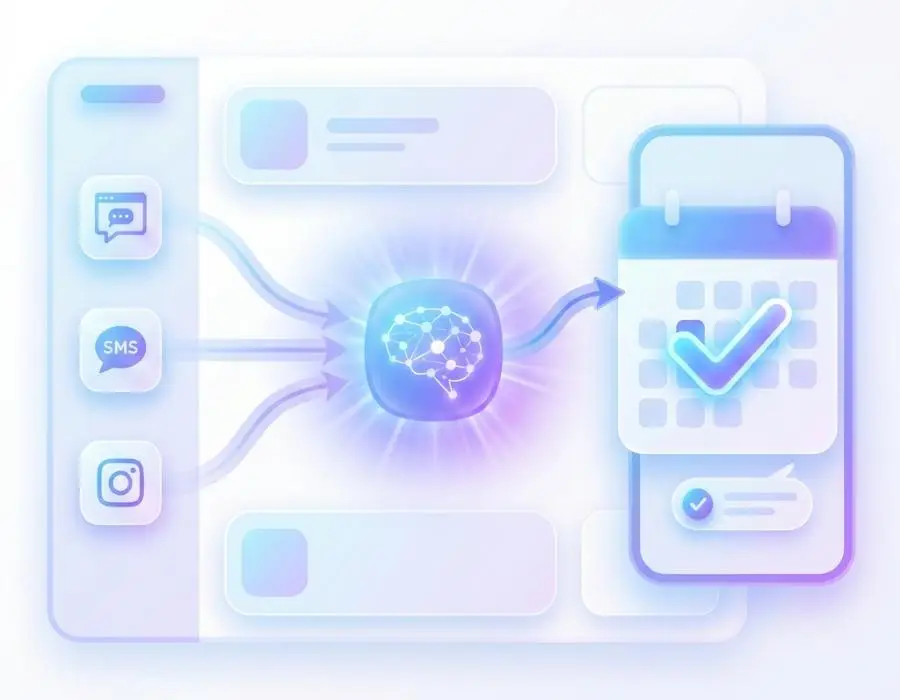 AI diagram showing chat, SMS, and Instagram icons feeding into a glowing brain and out to a checked calendar