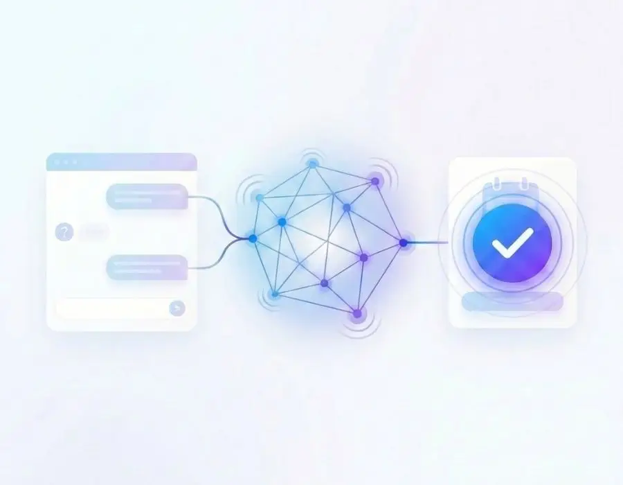 abstract graphic showing a chat interface connected through a neural network to a calendar with a blue checkmark