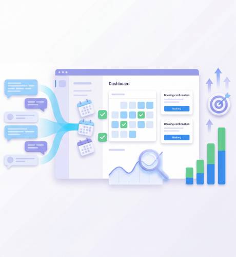 An illustration of an AI booking dashboard showing message streams, calendar schedules, and performance growth charts