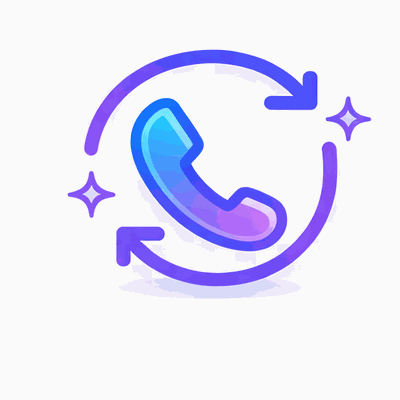 Purple phone handset icon inside a circular arrow loop with small stars on a light grey background