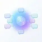 glowing AI core in a blue and purple aura, connected to multiple glass-style chat bubbles on a white background