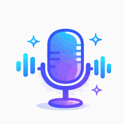 Purple and blue gradient microphone icon with audio sound waves and glowing stars on a light grey background