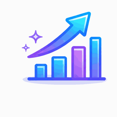 Purple and blue upward-trending bar chart with a large rising arrow and stars on a light grey background