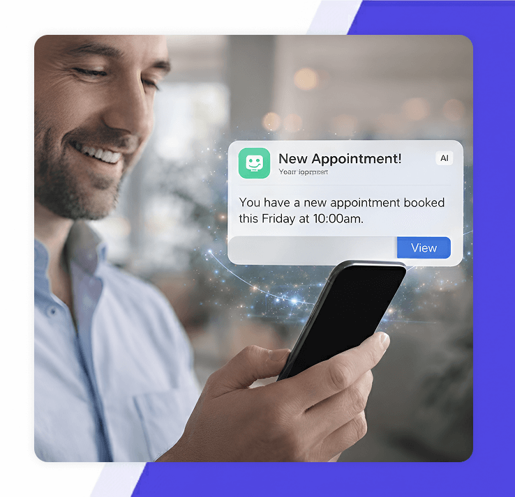 man in a denim shirt smiling while looking at a smartphone with a "New Appointment!" AI notification popup