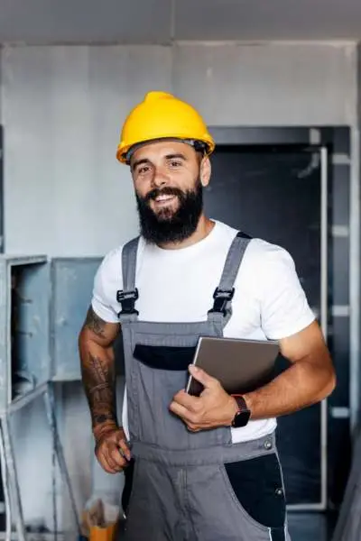 smiling bearded construction worker in a yellow hard hat and grey overalls holding a digital tablet