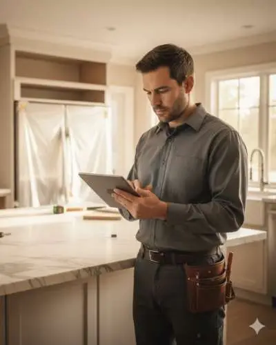 male contractor in a grey shirt and tool belt using a digital tablet in a modern, sunlit kitchen