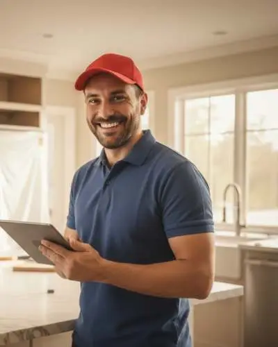 smiling male service worker in a red cap and blue polo shirt holding a digital tablet in a bright kitchen