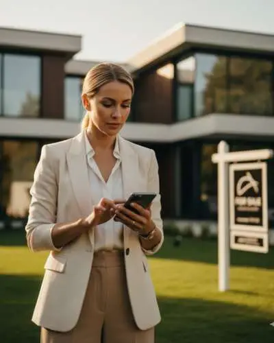 female real estate agent in a beige blazer using a smartphone in front of a modern house with a for-sale sign